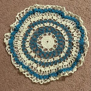 VTG HAND CROCHETED DOILY 11.5” White Blue Vintage Handmade Ripple